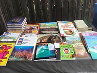 Table showing an assortment of children's books with colorful covers and titles visible, and a stack of vinyl records in sleeves.