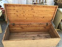 Open cedar trunk showing interior cedar wood lining and metal hinges supporting lid.