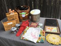 Photo showing wood ice cream maker along with the other items.