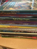 Photo showing spines of 16 children's books stacked, titles and authors visible