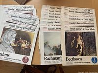 Photo showing several LP album covers from the "Family Library of Great Music" series, featuring composers Brahms, Rachmaninoff, and Beethoven.