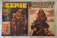 Photo showing front covers of two vintage comic magazines: Eerie #32 (1971) and Creepy #138 (1982). Covers feature horror and fantasy illustrations.