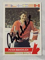 Front view of the Peter Mahovlich Canada Cup 76 hockey card showing full autograph and player image.