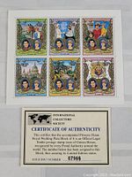 Photo showing the sheet of 6 royal family themed stamps and certificate of authenticity