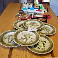 Six stoneware luncheon plates with different herbal botanical designs stacked on wooden table