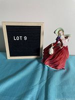 Photo of Royal Doulton figurine "Autumn Breezes" HN 1934 showing the front and side profile of the lady in a red dress with bonnet and muff.