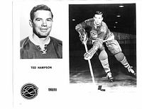 Black and white 8" x 10" promotional photo of Ted Hampson from the 1968/69 NHL season with Oakland Seals. Features headshot and action shot, team logo and player name.