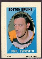 Front of the 1970-71 Topps Sticker Stamp showing a portrait of Phil Esposito in Boston Bruins attire with 'BOSTON BRUINS' and 'PHIL ESPOSITO' text.