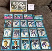 Photo of all 19 hockey cards laid out on couch, along with 1979-80 Toronto Maple Leafs team poster insert displayed behind them.