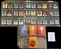Photo showing front of 23 player cards organized in three binder page rows plus four cards with NHL trophy imagery and one logo card in the bottom pockets.