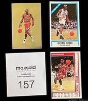 Close up of individual Michael Jordan Panini basketball sticker front and back showing player image and stats details.