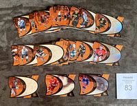 Top down view of all 50 die cut hockey cards arranged in rows showing the design and players.