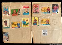 Two scrapbook pages with hockey cards attached, showing players including Jean Beliveau, Henri Richard, and others.