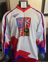 Front view of the Czechia hockey jersey showcases the detailed coat of arms on a white mesh fabric with red and blue accents and Reebok logo.