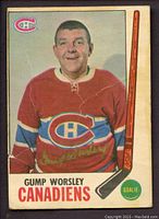 Front of the 1969-70 Gump Worsley O-Pee-Chee hockey card, showing Worsley in Canadiens uniform with autograph in gold ink.
