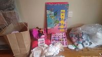 Photo showing paper dolls, children's books, a troll doll with bright pink hair, assorted doll clothes, and plush animals in a plastic bag.