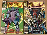 Two 1980s Avengers comic books side by side showing front covers and details.