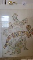 Full view of framed watercolor painting showing abstract interconnected human figures with pastel coloring and line work.