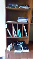 Books arranged on wood book shelves including titles like Birds of North America, Healing Foods, Canoe Lake, Frederick Street, Facing the Congo, The Age of Miracles, and others. Ceramic dog bookends and some electronics seen on the shelf.