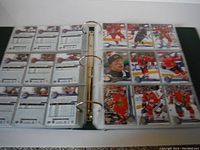 Photo of hockey cards in a three-ring binder showing backs of cards with player stats and front sides with player images.