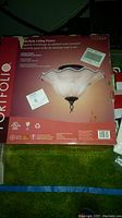 Boxed new Portfolio flush mount ceiling light fixture with frosted glass and metal accents.