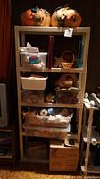 Full view of shelving unit with boxes of seashells, crafting supplies, and other items stacked on shelves