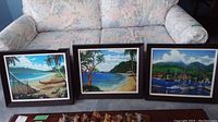 Three framed paintings by Richard Fields depicting Hawaiian landscapes, placed on a floral couch and table.