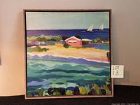 Frontal image of the colorful seaside wall print in a wooden frame measuring 21x21 inches.