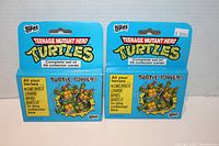 Front view of two sealed 1990 Topps Teenage Mutant Ninja Turtles 66-card complete set display packs side by side, showing colorful blue packaging with character images.