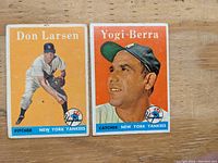 Don Larsen and Yogi Berra 1958 Topps Baseball Cards front view showing player images and team details
