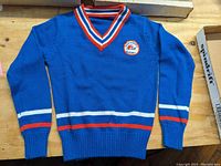 Front view of the Quebec Nordiques child sweater showing the embroidered logo and V-neck collar with striped detail