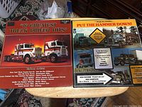 Front covers of two vinyl records placed side by side on a table. One album titled '16 Greatest Truck Driver Hits' featuring two big trucks on the cover, the other titled 'Put The Hammer Down' with various truck images and artist names.