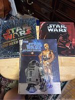 Photo of three Star Wars books placed on a wooden surface: 'Star Wars Absolutely Everything You Need to Know', 'Star Wars The Official Storybook' with Darth Vader on the cover, and 'Star Wars Storybook' featuring R2-D2 and C-3PO on the cover.