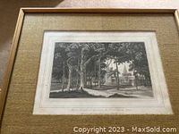 Framed print featuring a large tree and building scene from Raj-era India, matte frame with fabric mat.