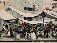 Close-up of market scene showing awnings, figures and brushwork