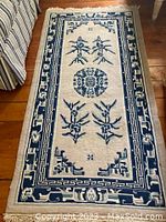 Full view of the rectangular rug laid on hardwood floor showing design, color, and condition
