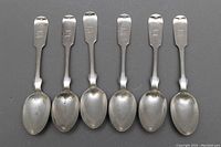 Set of six monogrammed sterling silver teaspoons showing front side with engraved letter 'H' on handles.