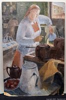 Full view of the signed oil painting on cardboard depicting a woman pouring from a kettle in a kitchen scene titled 'The Cook'.
