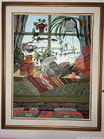 Full front view of framed acrylic painting showing window sill scene