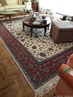Overview of the full rug under sofa and coffee table showing overall pattern and condition