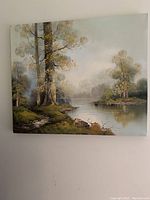 Full view of the acrylic landscape painting showing trees, water, and foliage on canvas.