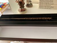 Wand displayed inside black padded display box with carved wooden wand visible.