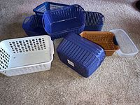 Overview of various plastic storage containers in different colors and sizes on carpeted floor