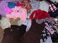 Assortment of women's tops and scarves laid out showing different colors and styles including pink, beige, red, and floral prints.