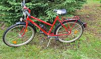 Full side view of red Kettler Alurad commuter bike showing frame, wheels, fenders, rear rack, and water bottle