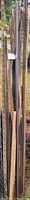 Photo showing approximately 9 used steel fence posts standing vertically; some posts are rusted, and one is green painted with multiple holes.