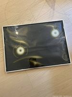 Framed serigraph laying on wooden floor showing overall piece with visible rippling from water damage under glass.