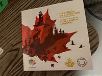 Photo of the front cover of the 2017 Royal Canadian Mint coin collection envelope showing maple leaf design and Canadian nature imagery