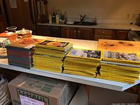 Photo of multiple stacks of vintage National Geographic magazines and Canadian Illustrated Heritage books arranged on a kitchen counter