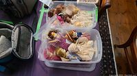 Two plastic bins containing seven vintage Madame Alexander dolls from the 1950s, laid out on a table with a rug nearby. Dolls dressed in worn fabric clothes and some shown close up. Bins visible and dolls displaying various hairstyles and dresses.